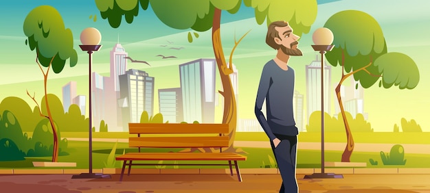 Free vector man walk in city park enjoy nature, relaxed male character breath fresh air during unhurried promenade at summer urban garden with bench, city lamps and cityscape view cartoon vector illustration