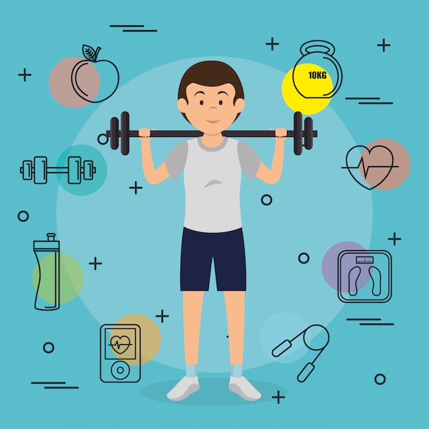 Free Vector man weight lifting with sports elements