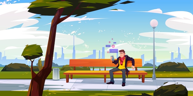 Free Vector man with smartphone sitting on bench in city park