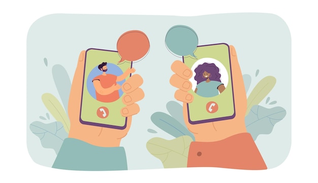 Free Vector man and woman talking using phone flat vector illustration. hands holding smartphones with friends on its screens. online communication, internet concept for banner, website design or landing web page