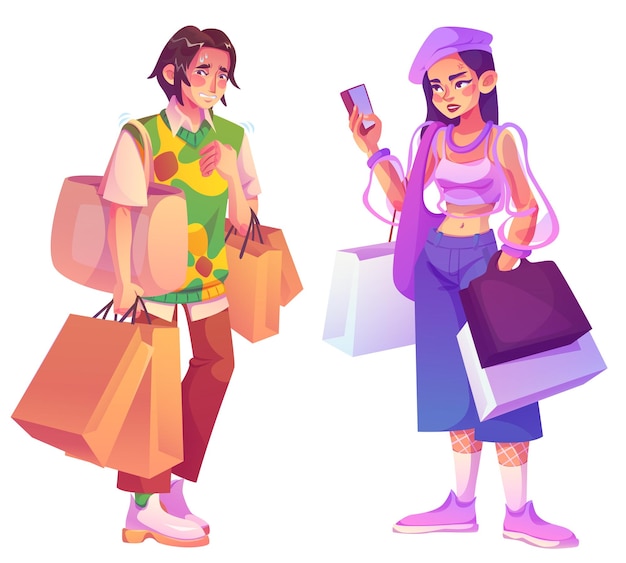 Free Vector man and woman with shopping bags