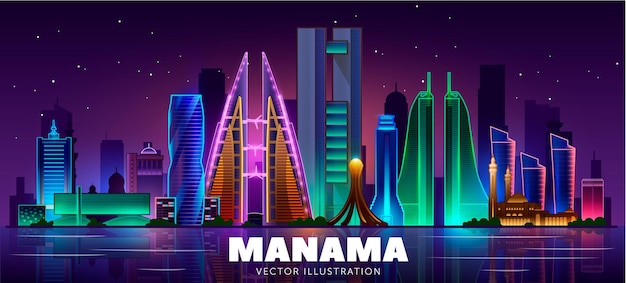 Manama night skyline (Bahrain). Vector illustration. Business travel and tourism concept with modern buildings. Image for banner or web site.
