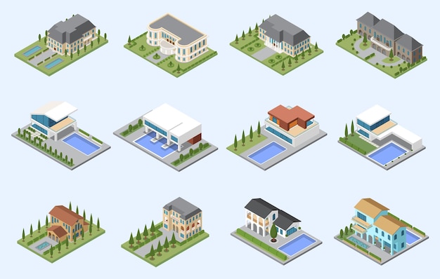 Free Vector mansion and villa isometric set