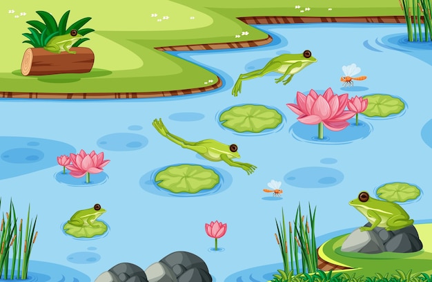 Free Vector many green frogs in the pond scene