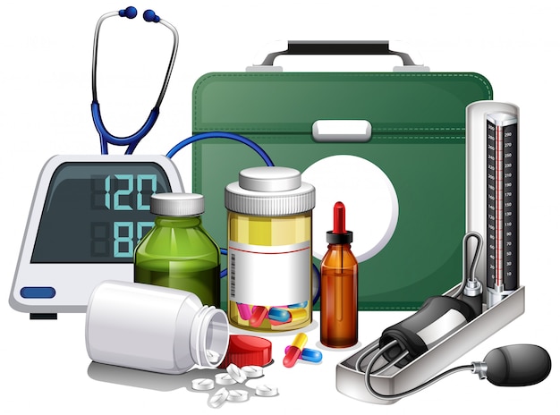 Free vector many medical equipments and medicine on white background