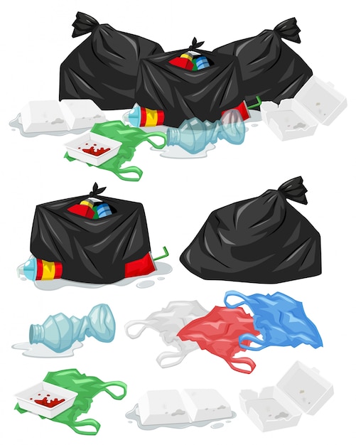 Many piles of trash with plastic bags and bottles illustration