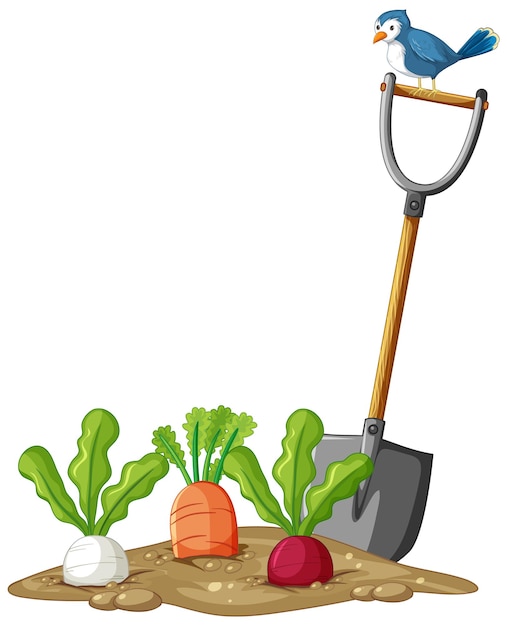 Free vector many root vegetables in soil with shovel in cartoon style isolated