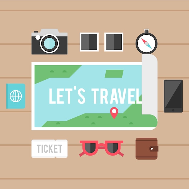 Free Vector map and travel elements with flat design