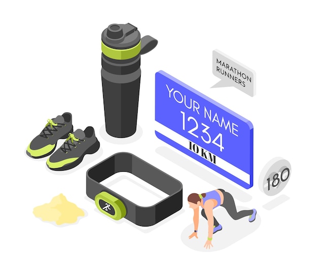 Free Vector marathon runner outfit isometric composition consisting of sneakers sport water bottle and other running accessories vector illustration