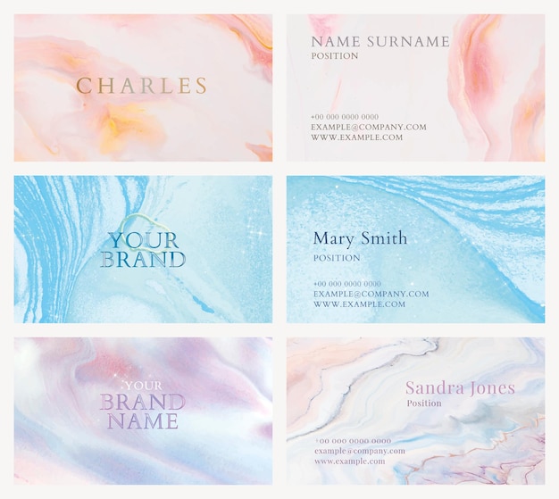 Marble business card template vector in colorful feminine style set