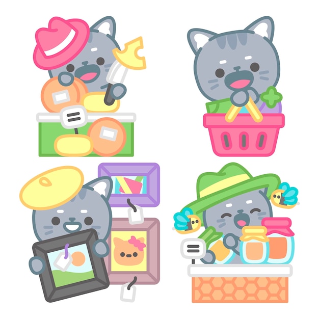 Free Vector market stickers collection with tomomi the cat