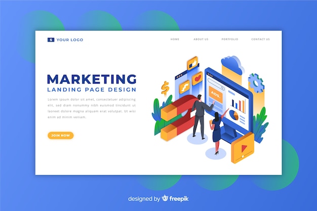 Free vector marketing landing page in isometric design