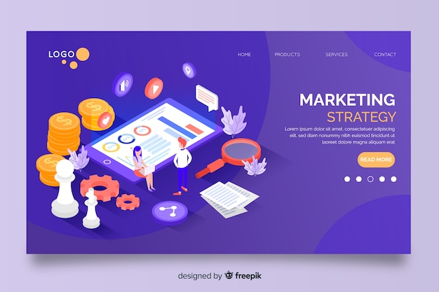 Free vector marketing strategy in isometric design landing page