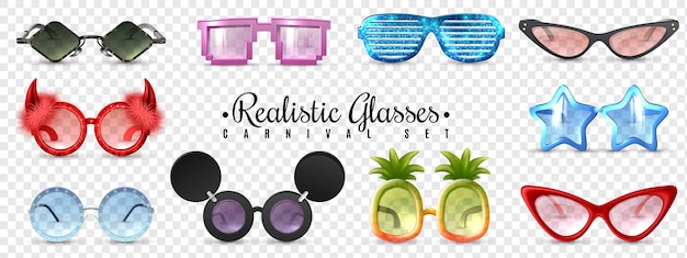 Free vector masquerade glasses diamond  star cat eye shaped. funny sunglasses realistic set transparent