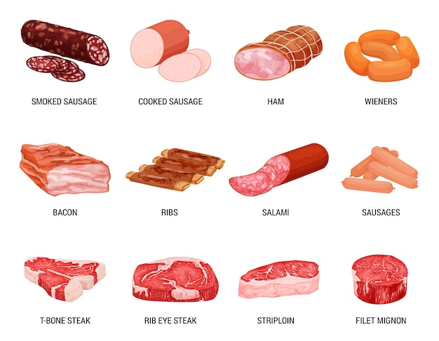 Free Vector meat products flat set with isolated images of sausages ham and bacon with editable text captions vector illustration