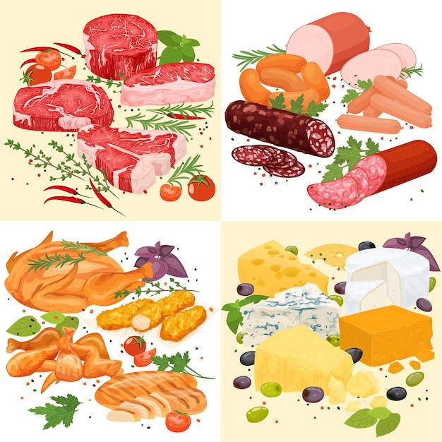 Free Vector meat products flat set with square compositions of served steaks pork sausages ham bacon and cheese vector illustration