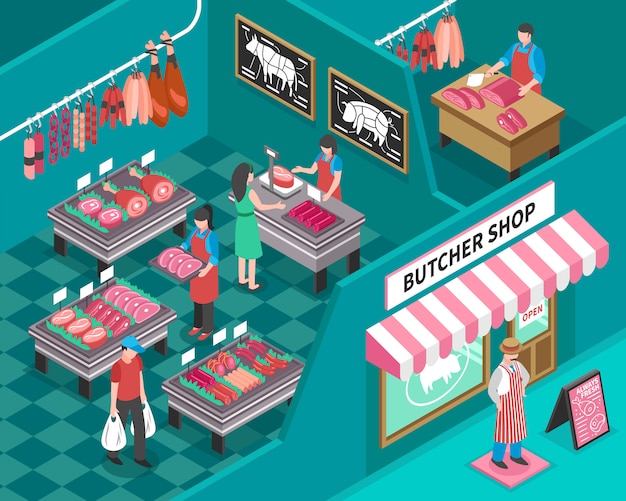 Free Vector meat shop isometric illustration