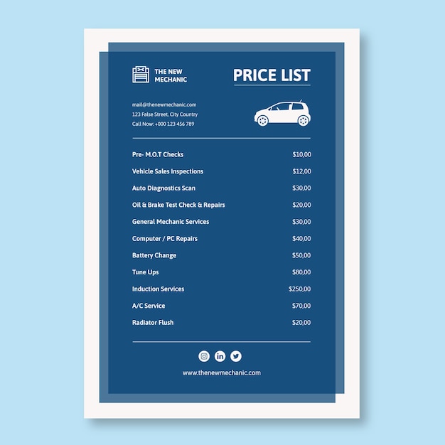 Mechanic price list template design