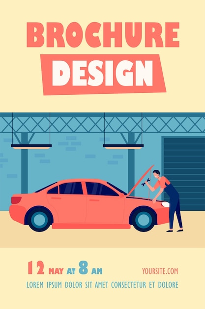 Free Vector mechanic repairing car in garage with tool isolated flyer template