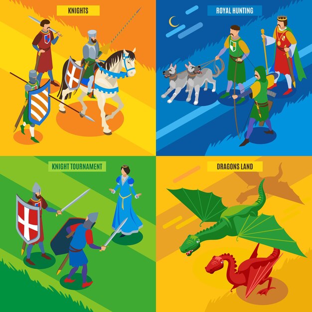 Medieval isometric 2x2  concept with human characters of cold warriors princess dragons and editable text