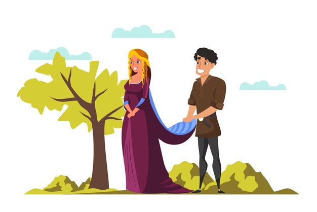 Medieval princess and prince romantic fairytale cartoon characters in historical costumes Knight and lady of heart