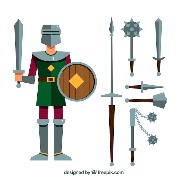 Medieval warrior with variety of weapons