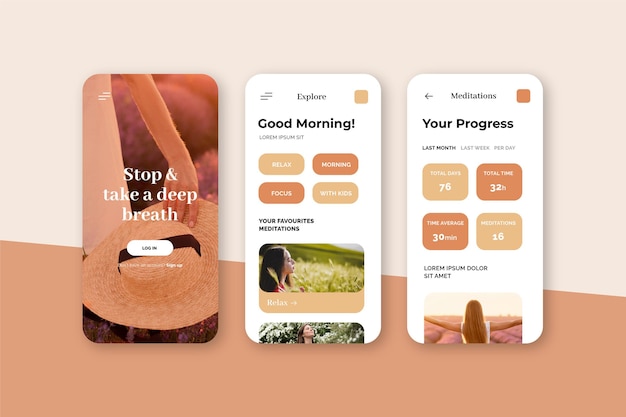 Free vector meditation app screens collection