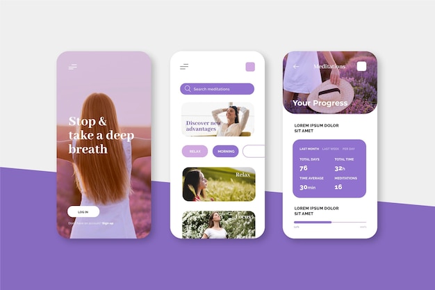 Free vector meditation app screens