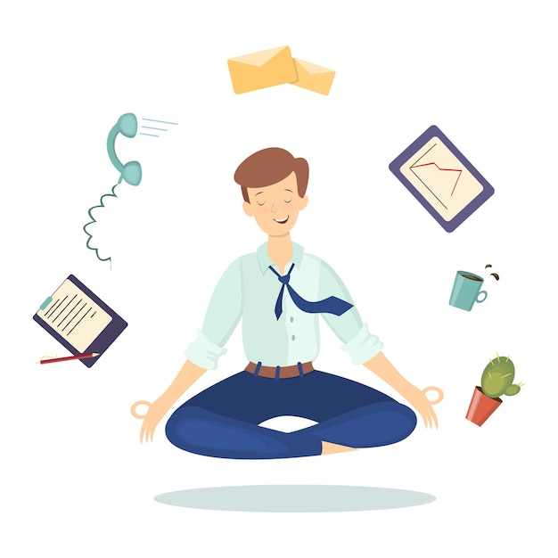 Free Vector meditation at work man in lotus pose between working tools on white background