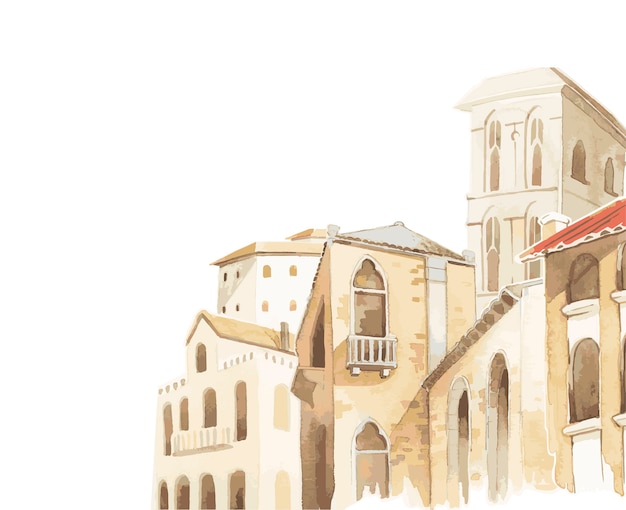 Free Vector mediterranean city building exterior water color style