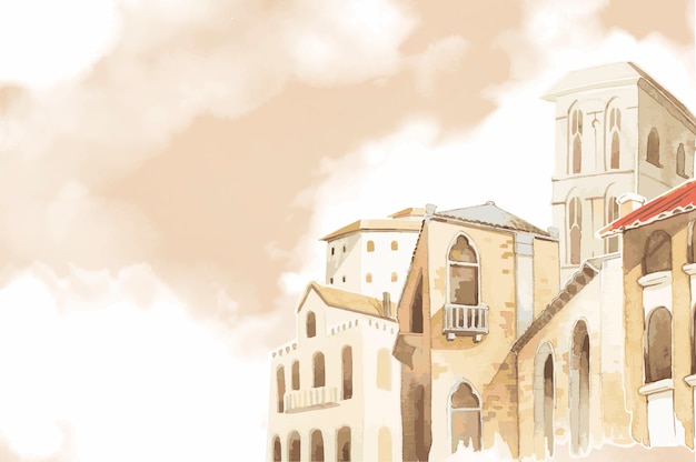 Free Vector mediterranean city building exterior water color style