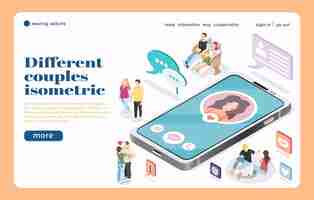 Free vector meeting website landing page with big smartphone isometric illustration and different couples communicating by social media