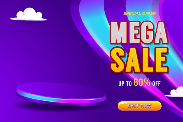 Free Vector mega sale banner template design with podium