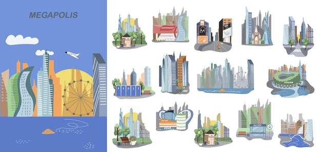 Free Vector megapolis city composition set with landmark and architecture symbols flat isolated vector illustration