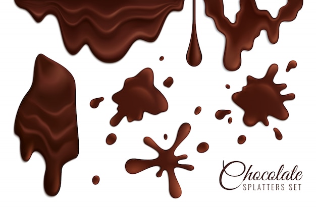 Melting dark chocolate splatters realistic set isolated  illustration