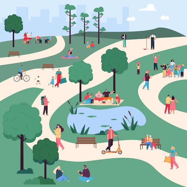 Free vector men and women walking, having picnic and doing exercises in park. crowd of cartoon people doing various activities, person on bicycle, girl doing yoga flat vector illustration. summer, leisure concept
