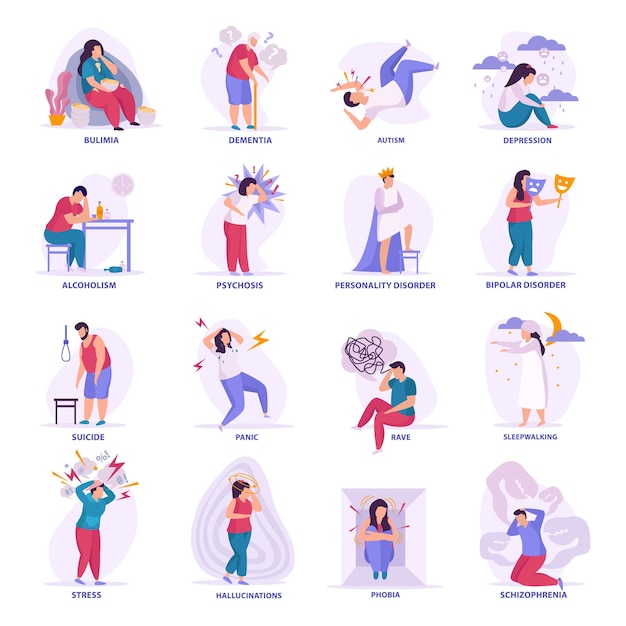 Free Vector mental disorders flat icons illustrated bipolar disorder dementia autism bulimia depression sleepwalking hallucinations isolated vector illustration