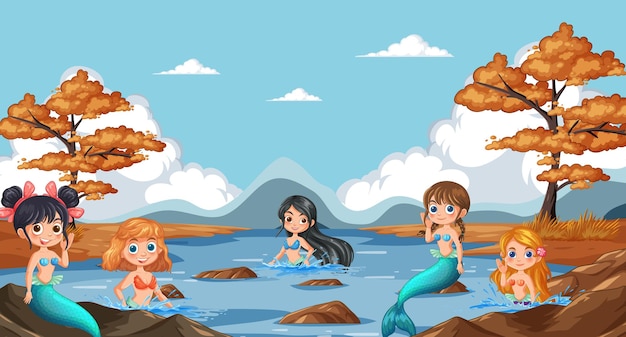 Free Vector mermaids playing in autumn lake