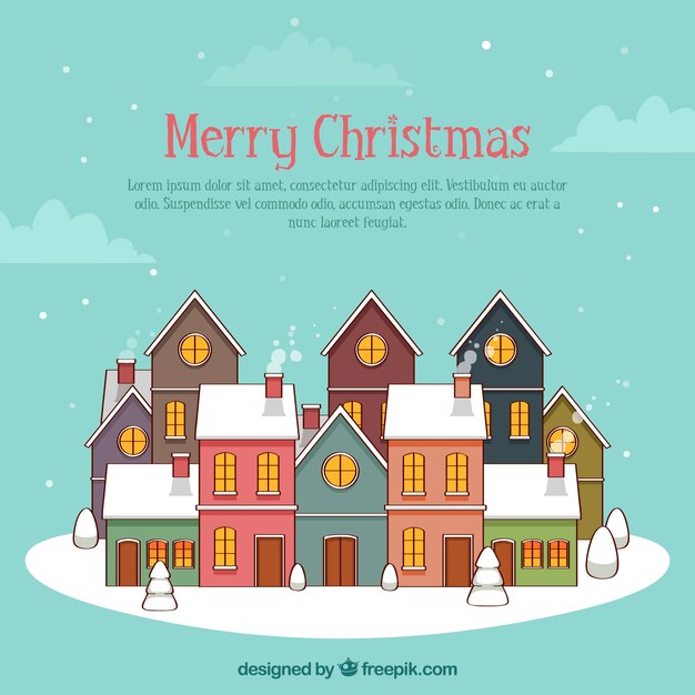 Merry christmas background with houses in linear style