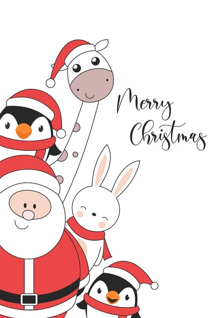 Merry Christmas illustration card with penguin rabbit giraffe and Santa Claus