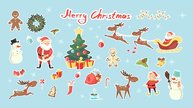 Free Vector merry christmas set santa claus with snowman deer and gingerbread gifts and decorations