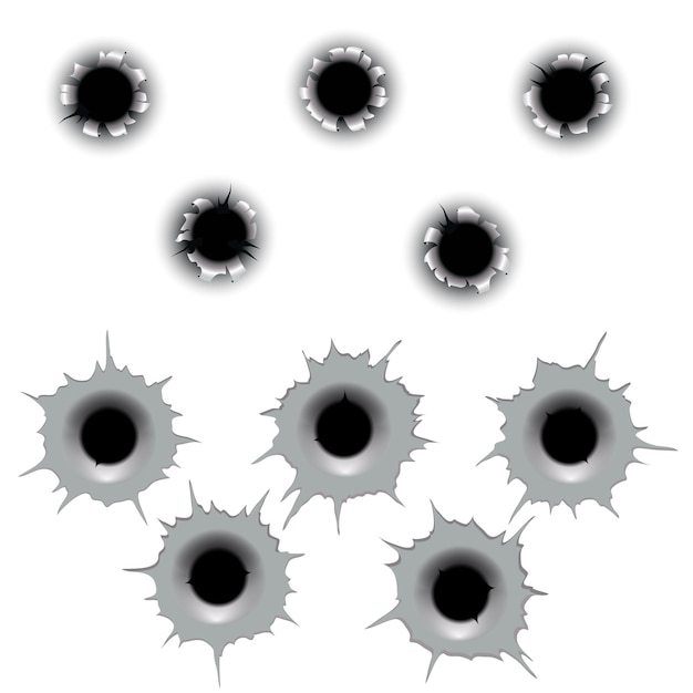 Free vector metal bullet hole set  . input and output gunshot cracked bullets holes