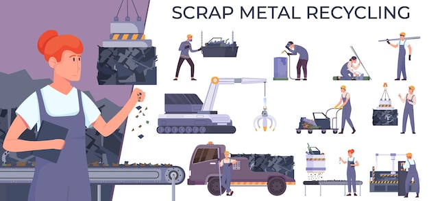 Free Vector metal recycling flat composition with text female character of worker and set of isolated dumping icons vector illustration