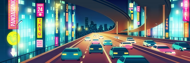 Free vector metropolis nightlife cartoon with cars going on four-line highway or freeway illuminated with bright neon signboards at night illustration. city outdoor