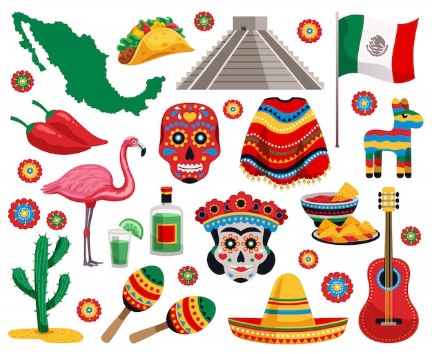 Free Vector mexican national symbols culture food musical instruments souvenirs colorful objects collection with tequila tacos mask sombrero
