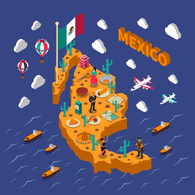  Mexican Touristic Attractions Symbols Isometric Map