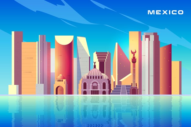 Mexico city skyline cartoon with modern skyscrapers