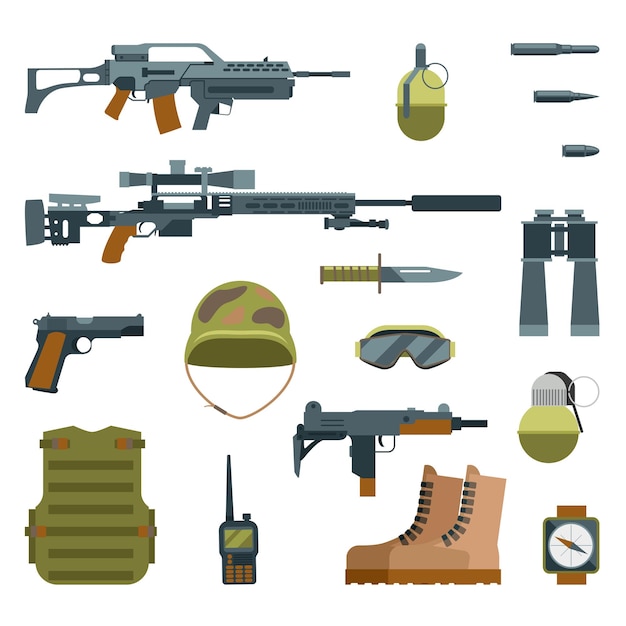 Free vector military armor and weapon guns icons flat set. automatic weapon and protective goggles, illustration grenade helmet and sniper weapon