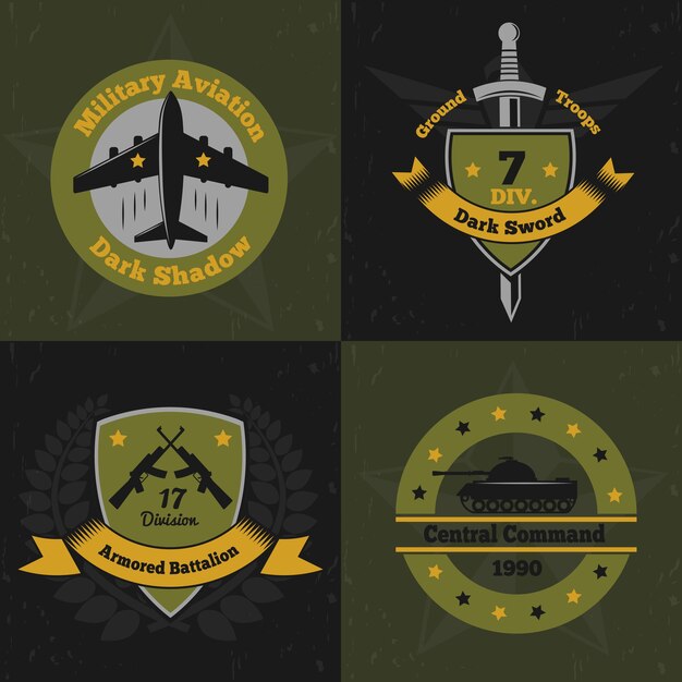 Military emblems color design concept with flat colourful emblems of war service insignia with weapons