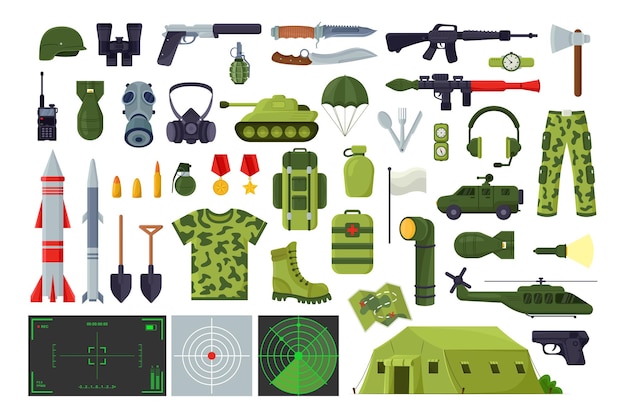 Free Vector military equipment illustration set. collection of cartoon images of weapon, soldier uniform. war, battle, terrorism concept